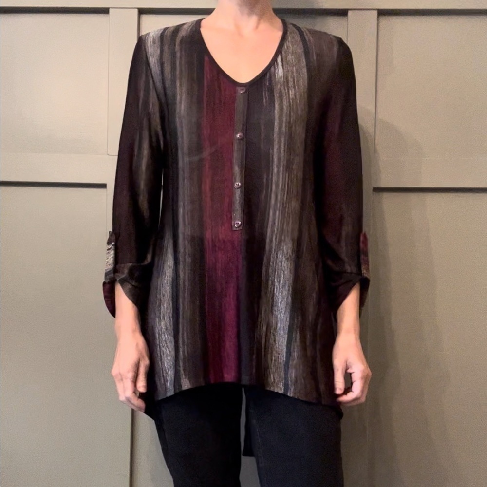 Clara Sun Woo Sheer Striped Tunic Top Button Front Long Roll Tab Sleeve Sz Small